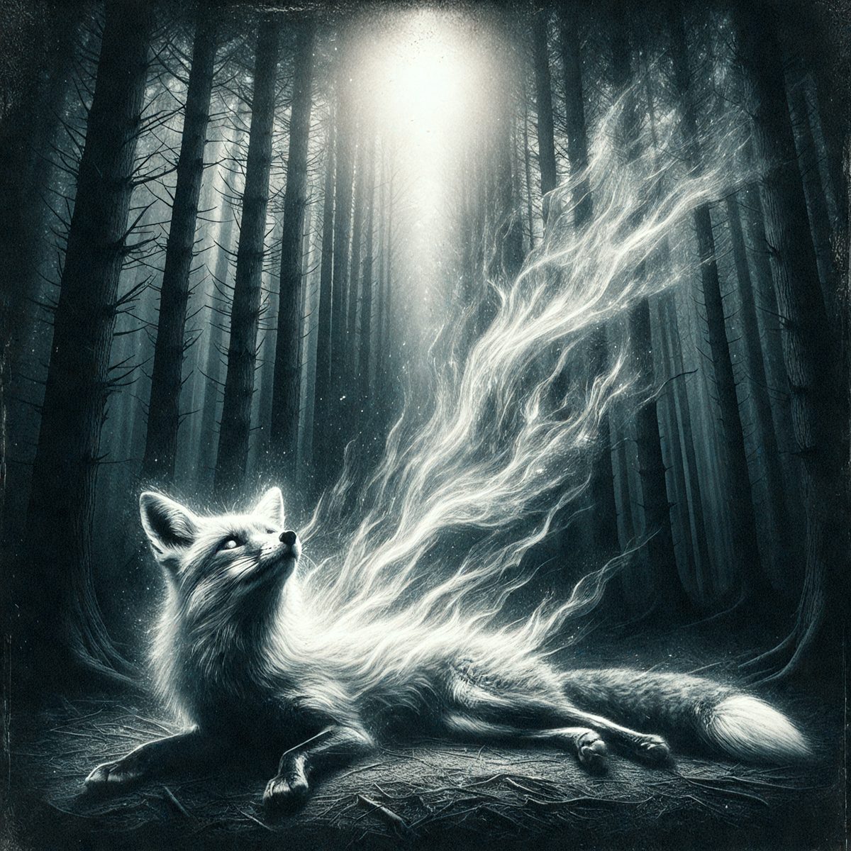 The primary subject of the image is a fox lying on the ground. The setting is a forest, with trees surrounding the fox. The visual style is a digital art or illustration, creating a surreal and dramatic atmosphere. The dominant colors are black, white, and red, with the fox's fur being predominantly white.